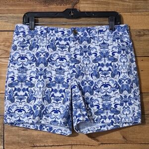 Blue White Floral Stretch Shorts Waist 32in Casual Summer Resort Beach Women's
